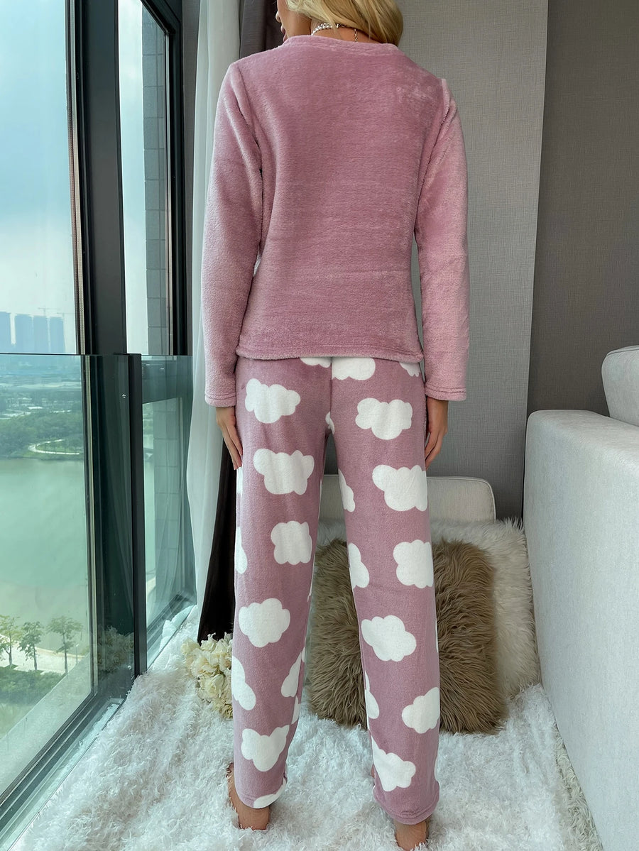 Conjunto de Pijama/Pijama de Flanela com Bordado de Cílios e Padrão de Nuvens, Temporada de Férias