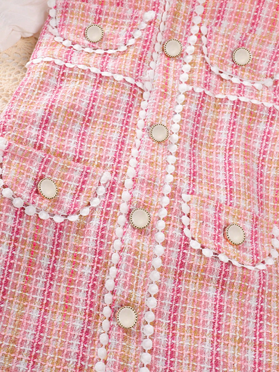 Vestido Xadrez com Mangas Bufantes Elegantes e Botão de Pérola para Jovens, para o Verão