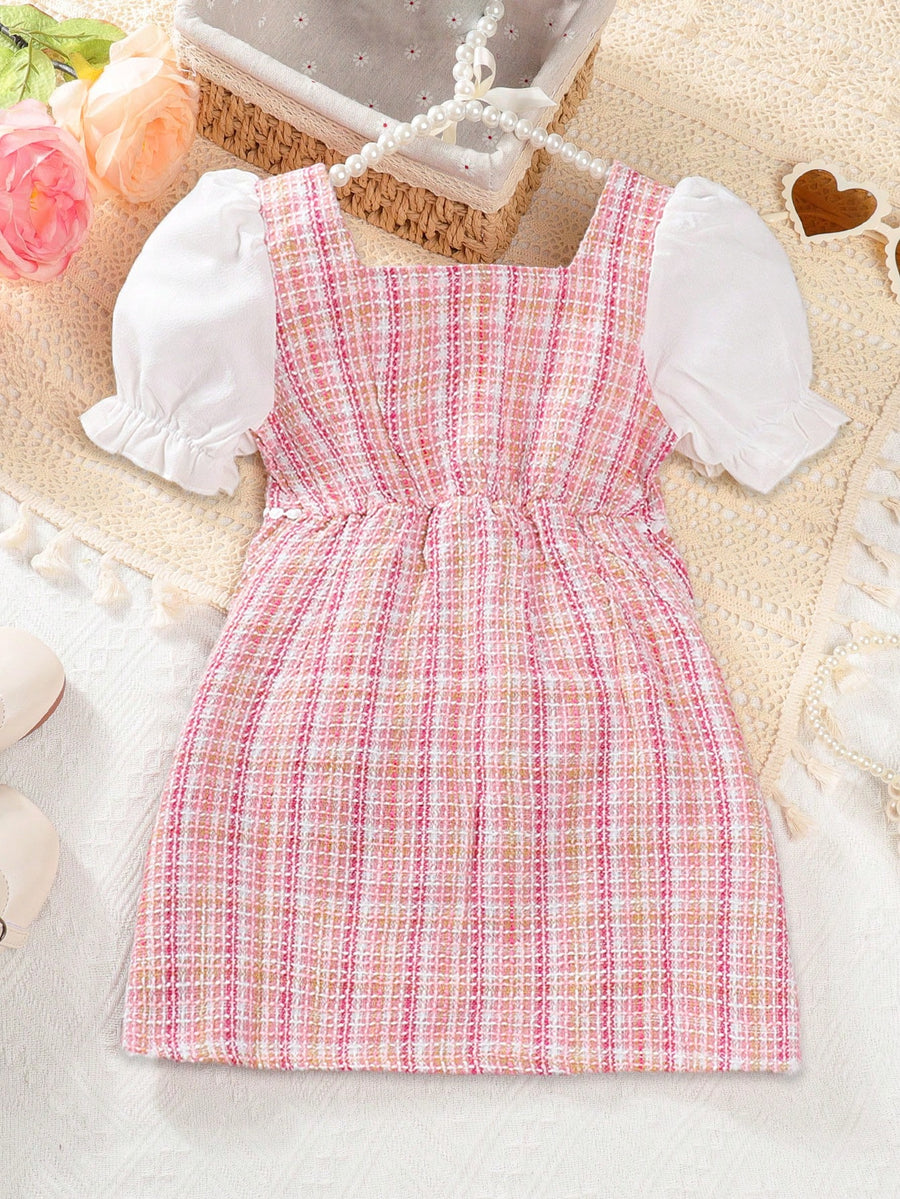 Vestido Xadrez com Mangas Bufantes Elegantes e Botão de Pérola para Jovens, para o Verão