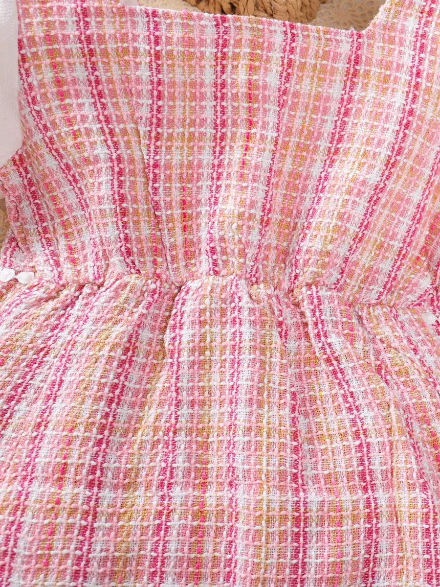 Vestido Xadrez com Mangas Bufantes Elegantes e Botão de Pérola para Jovens, para o Verão