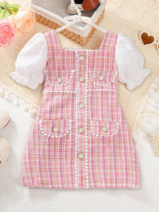 Vestido Xadrez com Mangas Bufantes Elegantes e Botão de Pérola para Jovens, para o Verão