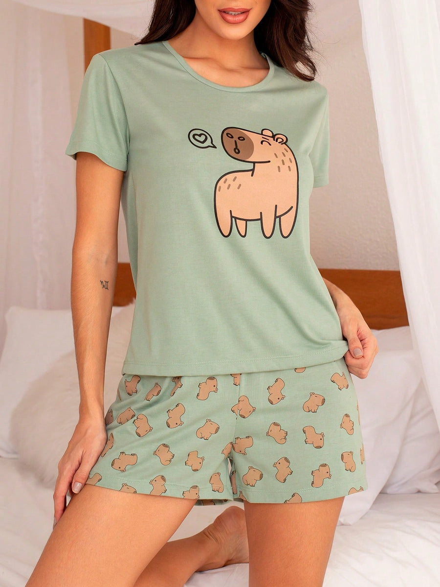 SHE(IN) BRASIL Conjunto De Pijama Short Doll Feminino Estampado Manga Curta padrão kapibara cinza