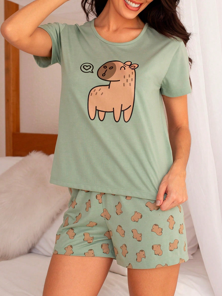 SHE(IN) BRASIL Conjunto De Pijama Short Doll Feminino Estampado Manga Curta padrão kapibara cinza