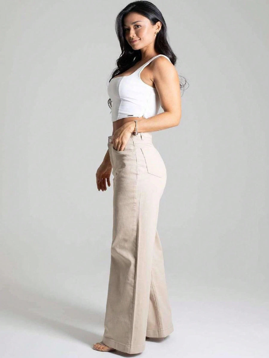 Calça Wide Leg Pantalona Jeans Feminina Cintura Alta Levanta Bumbum