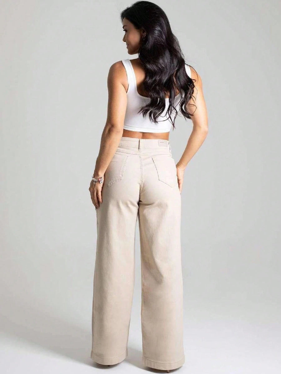 Calça Wide Leg Pantalona Jeans Feminina Cintura Alta Levanta Bumbum