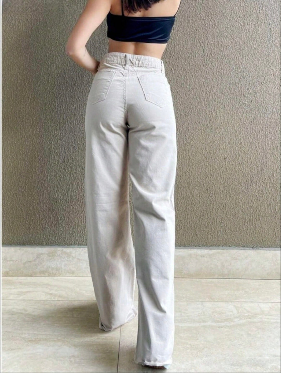 Calça Jeans Feminina Wide Leg pantalona Cintura Alta Tecido grafite