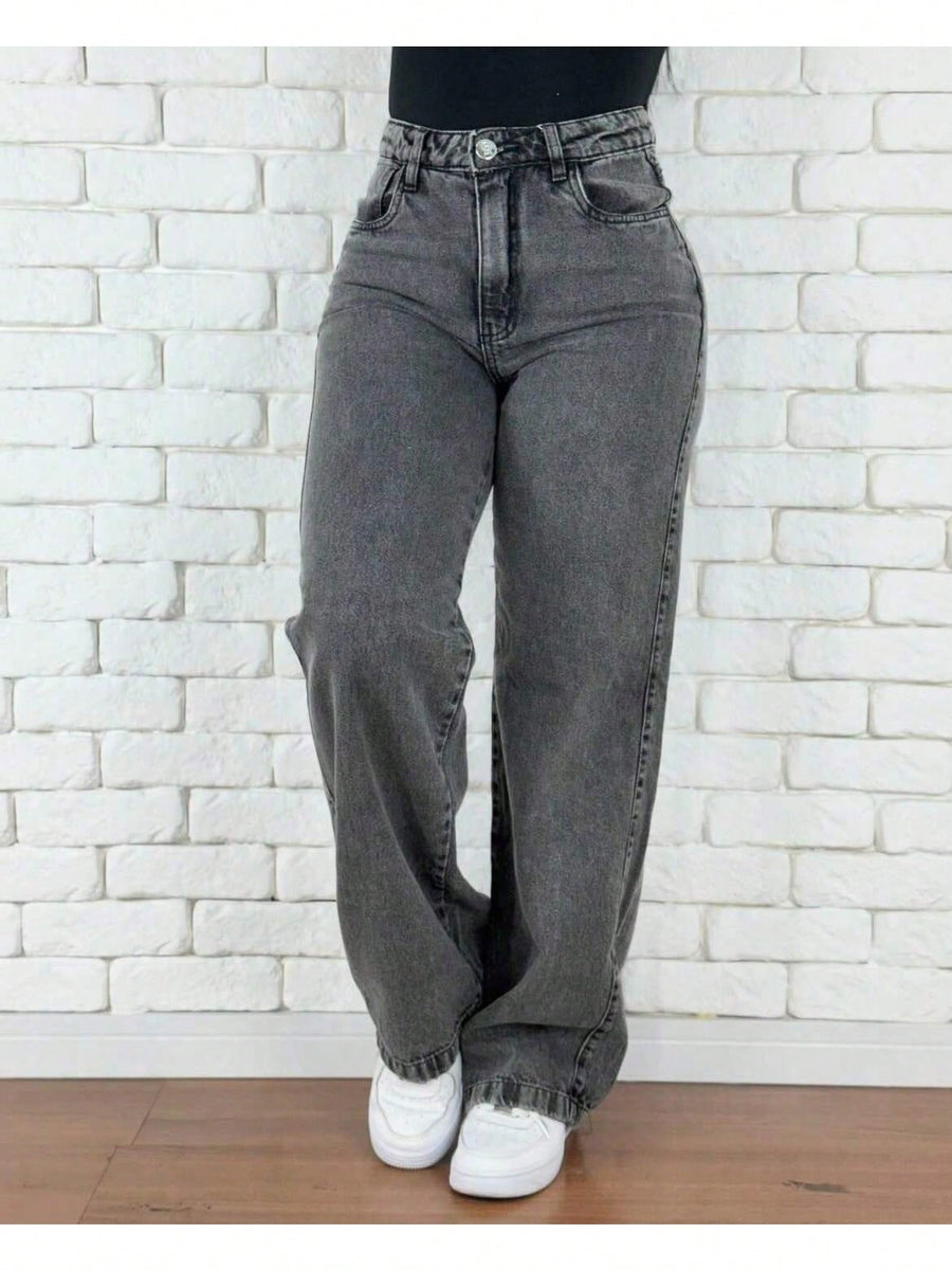 Calça Jeans Feminina Wide Leg pantalona Cintura Alta Tecido grafite