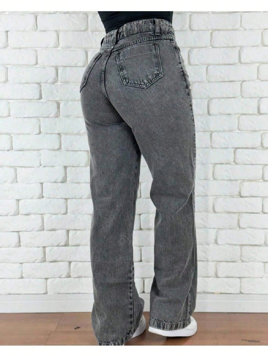 Calça Jeans Feminina Wide Leg pantalona Cintura Alta Tecido grafite