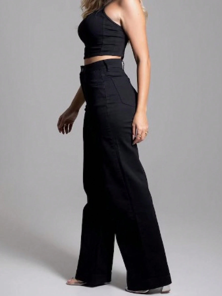 Calça Jeans Feminina Wide Leg pantalona Cintura Alta Tecido grafite