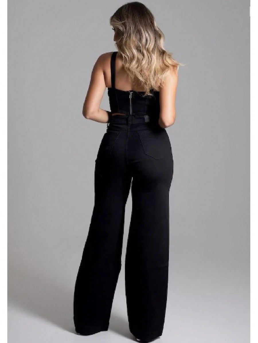 Calça Jeans Feminina Wide Leg pantalona Cintura Alta Tecido grafite