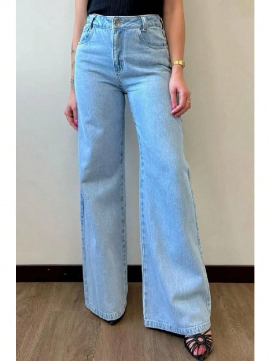 Calça Jeans Feminina Wide Leg pantalona Cintura Alta Tecido grafite