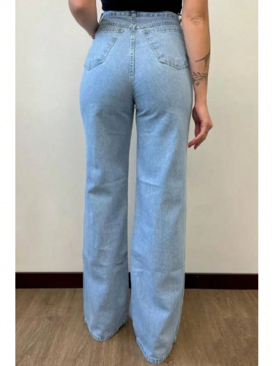 Calça Jeans Feminina Wide Leg pantalona Cintura Alta Tecido grafite