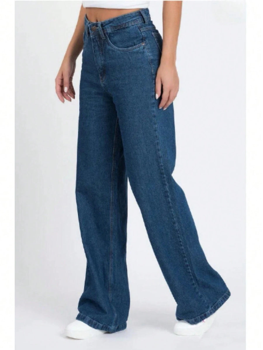 Calça Jeans Feminina Wide Leg pantalona Cintura Alta Tecido grafite