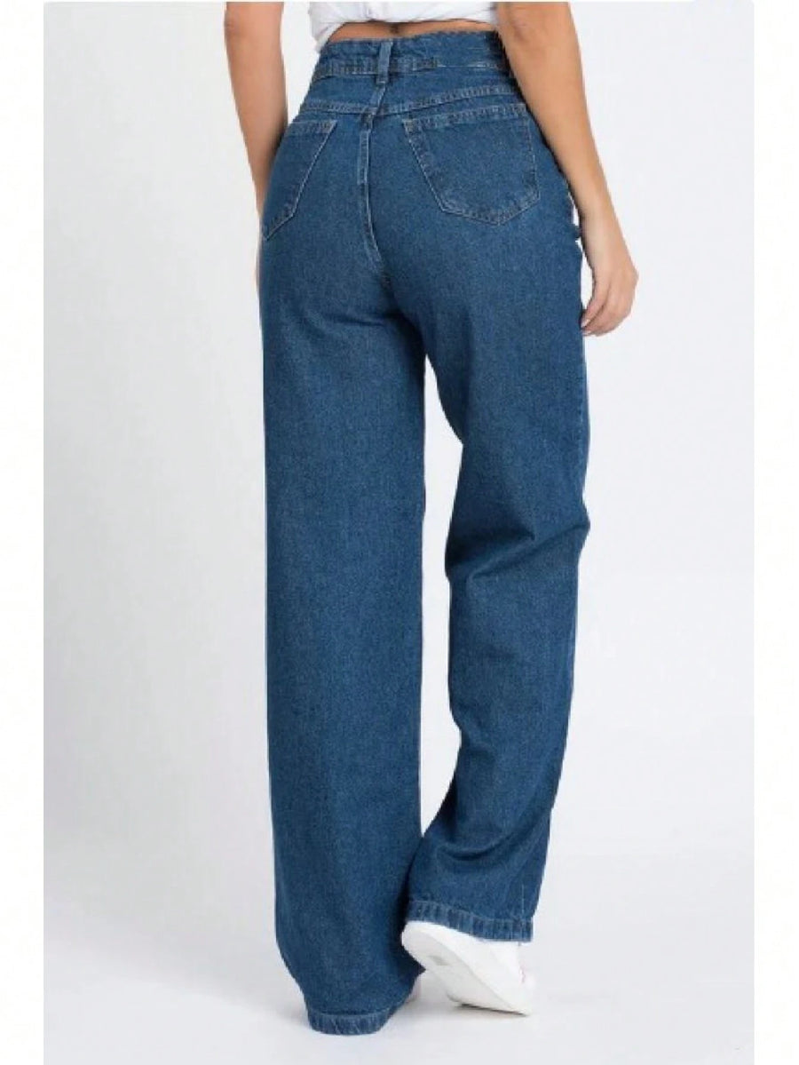 Calça Jeans Feminina Wide Leg pantalona Cintura Alta Tecido grafite