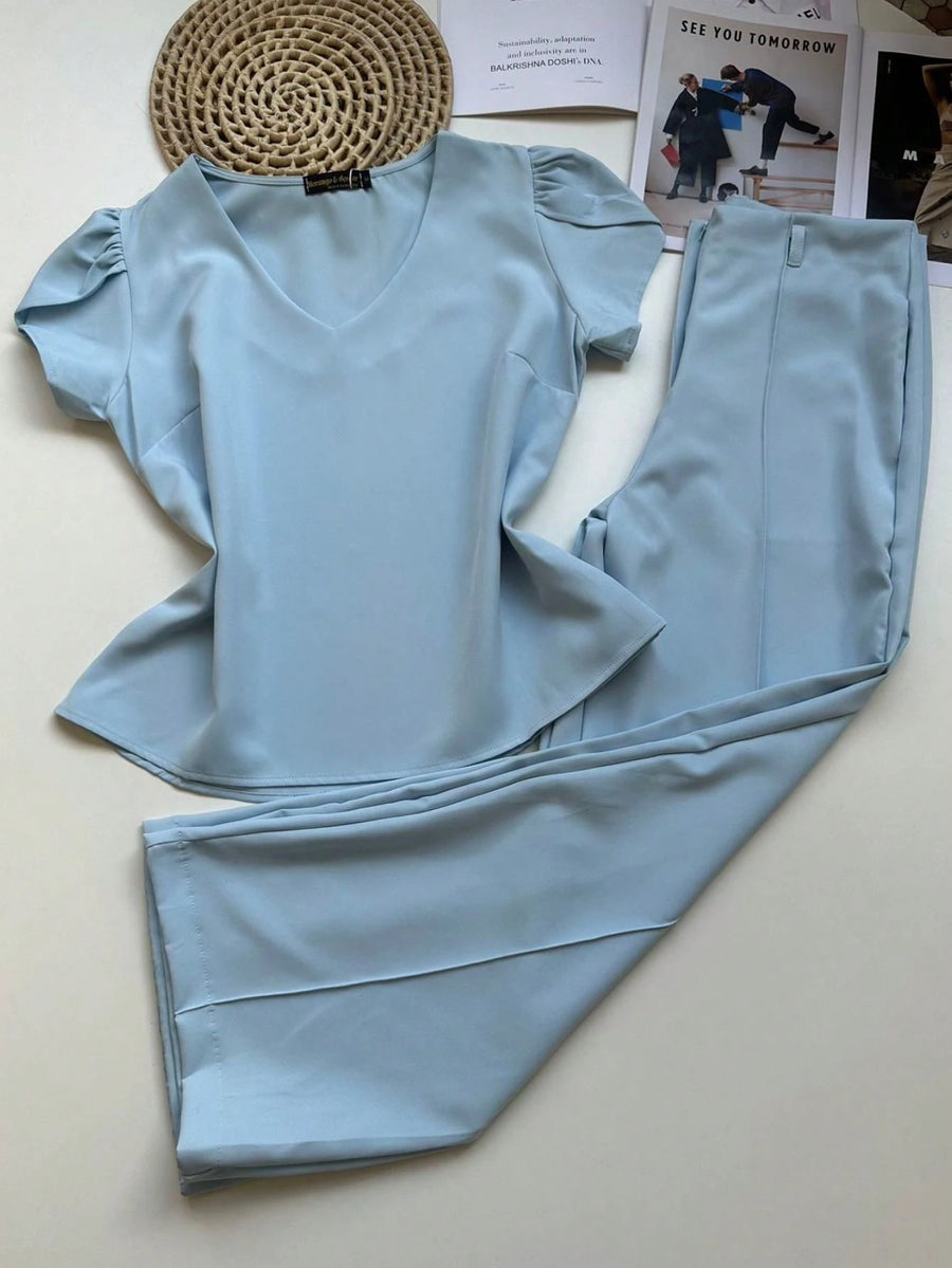 Conjunto Alfaiataria Feminino Blusa Manga curta com Calça Reta Largas