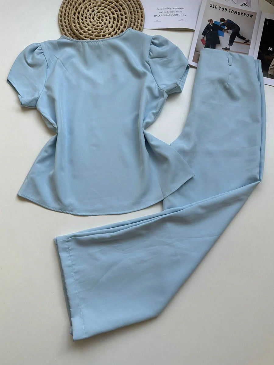 Conjunto Alfaiataria Feminino Blusa Manga curta com Calça Reta Largas