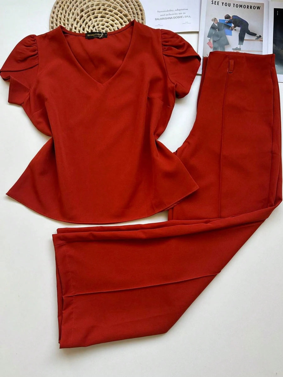Conjunto Alfaiataria Feminino Blusa Manga curta com Calça Reta Largas