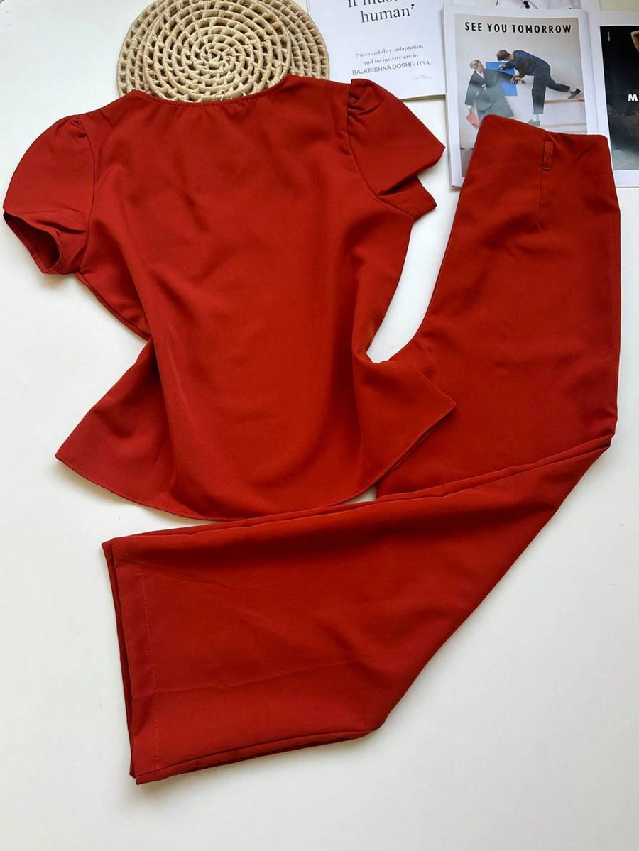 Conjunto Alfaiataria Feminino Blusa Manga curta com Calça Reta Largas