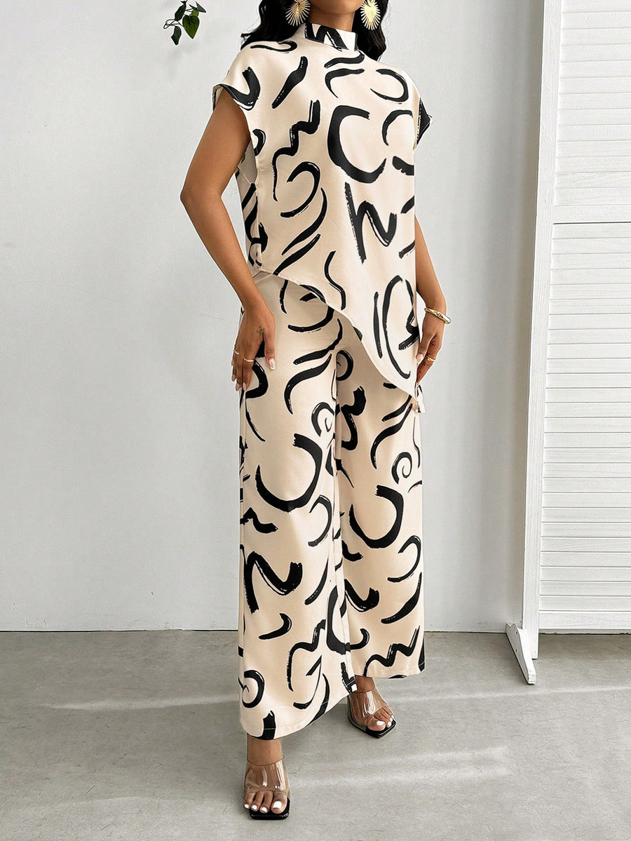 SHEIN Lady 2 Peças Conjunto Casual Feminino de Camisa com Manga Morcego Assimétrica e Calça em Cor Sólida