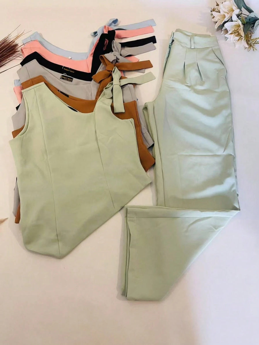 KALINA FASHION Conjunto Feminino Alfaiataria Blusa de ombro com laço e calça reta solta
