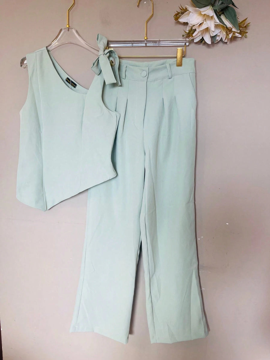 KALINA FASHION Conjunto Feminino Alfaiataria Blusa de ombro com laço e calça reta solta