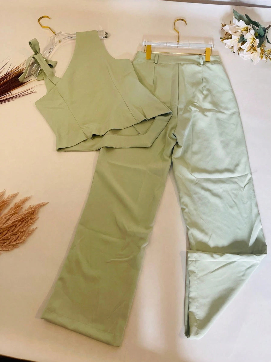 KALINA FASHION Conjunto Feminino Alfaiataria Blusa de ombro com laço e calça reta solta