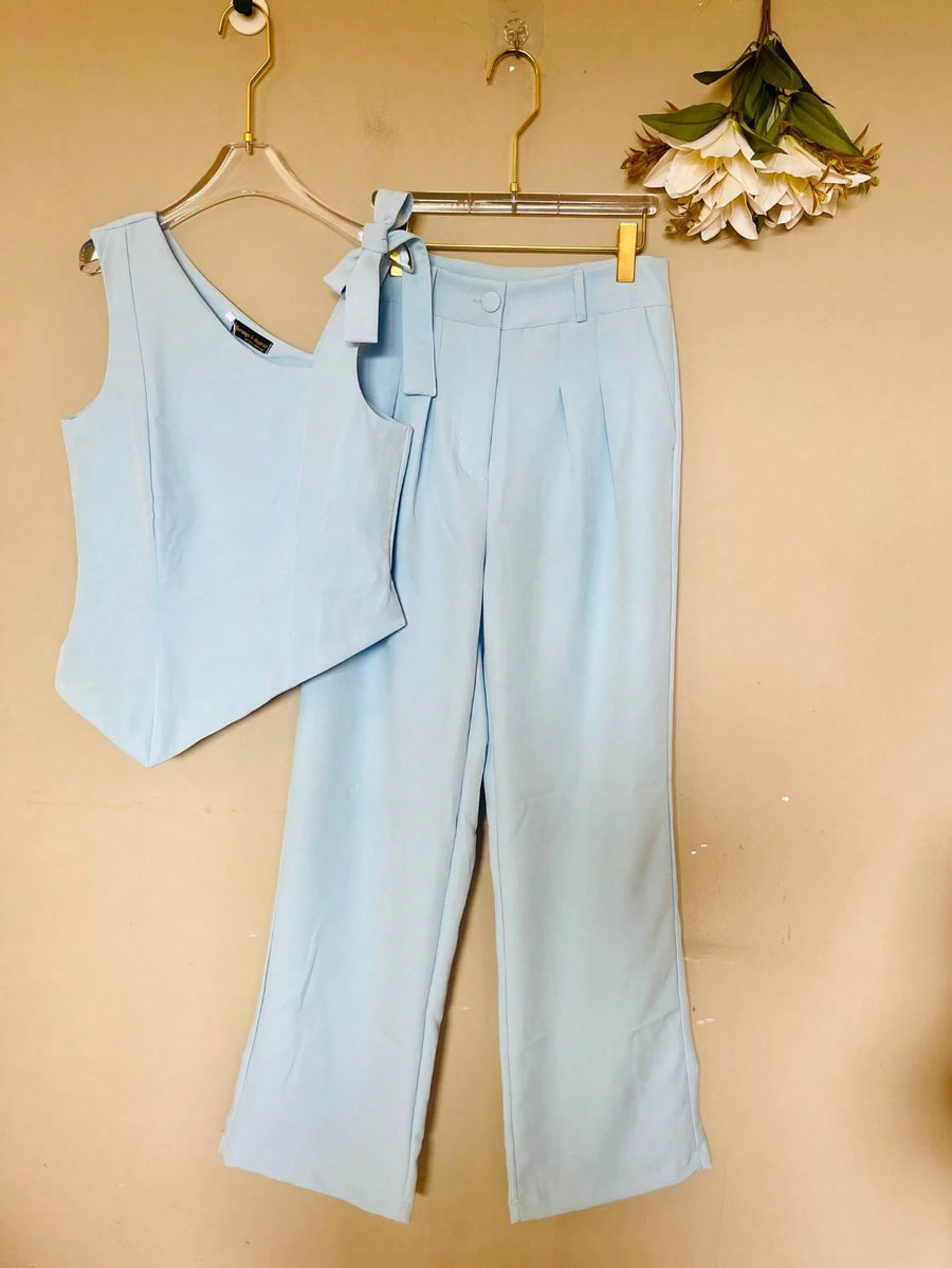 KALINA FASHION Conjunto Feminino Alfaiataria Blusa de ombro com laço e calça reta solta