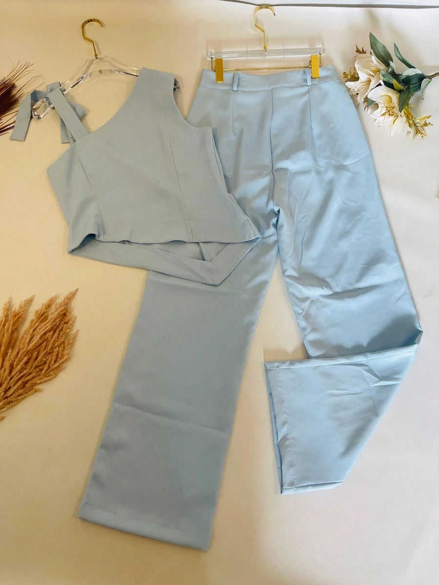 KALINA FASHION Conjunto Feminino Alfaiataria Blusa de ombro com laço e calça reta solta