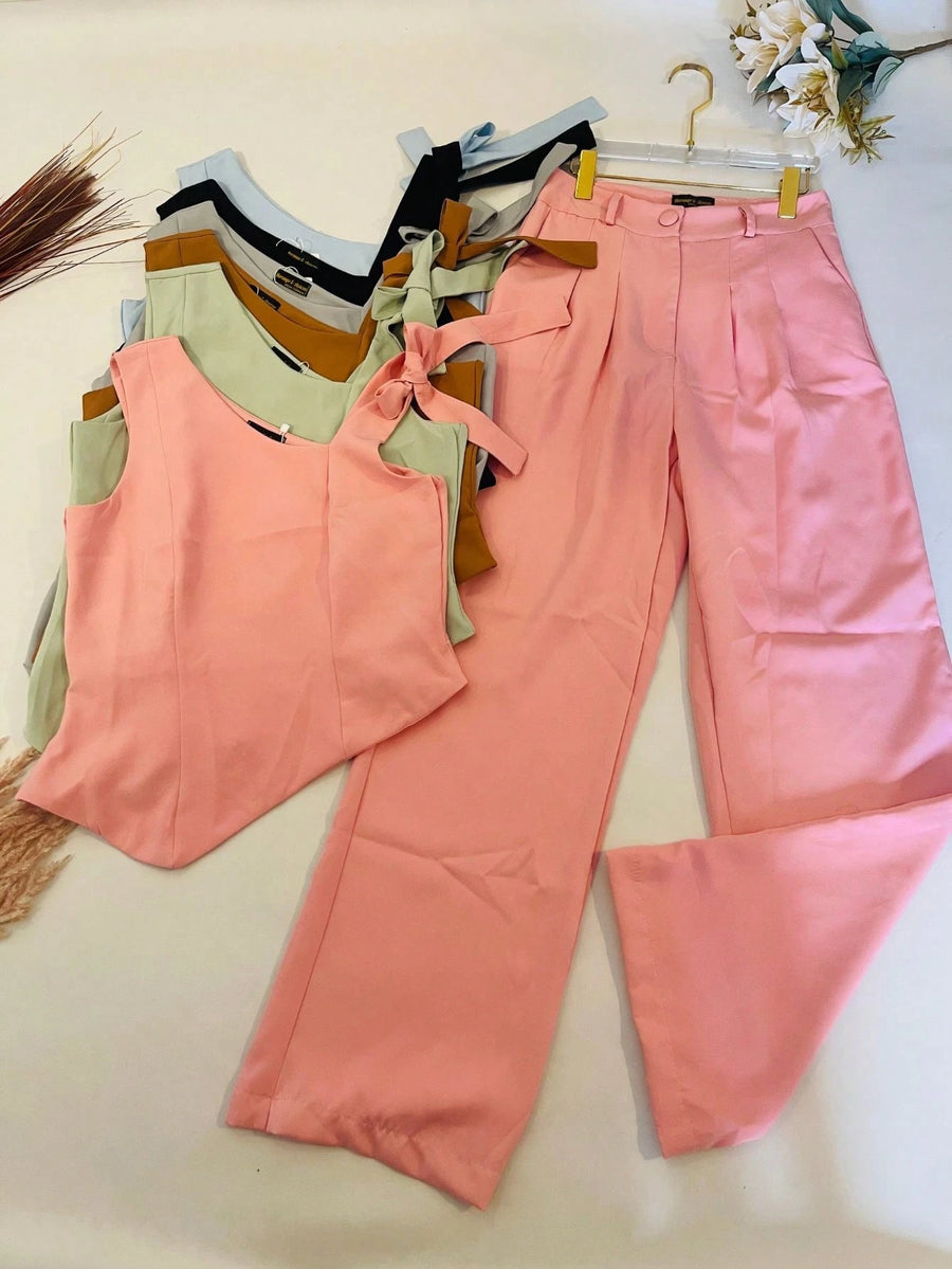 KALINA FASHION Conjunto Feminino Alfaiataria Blusa de ombro com laço e calça reta solta