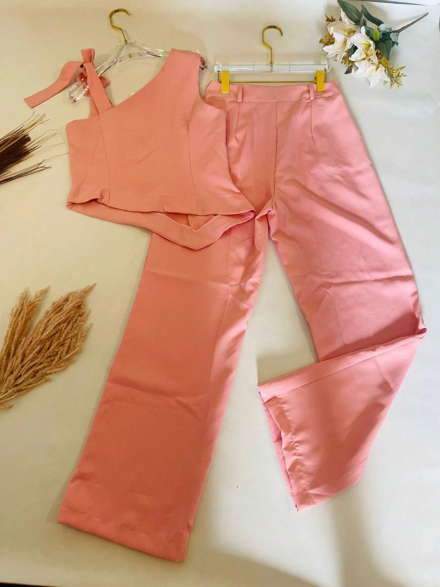 KALINA FASHION Conjunto Feminino Alfaiataria Blusa de ombro com laço e calça reta solta