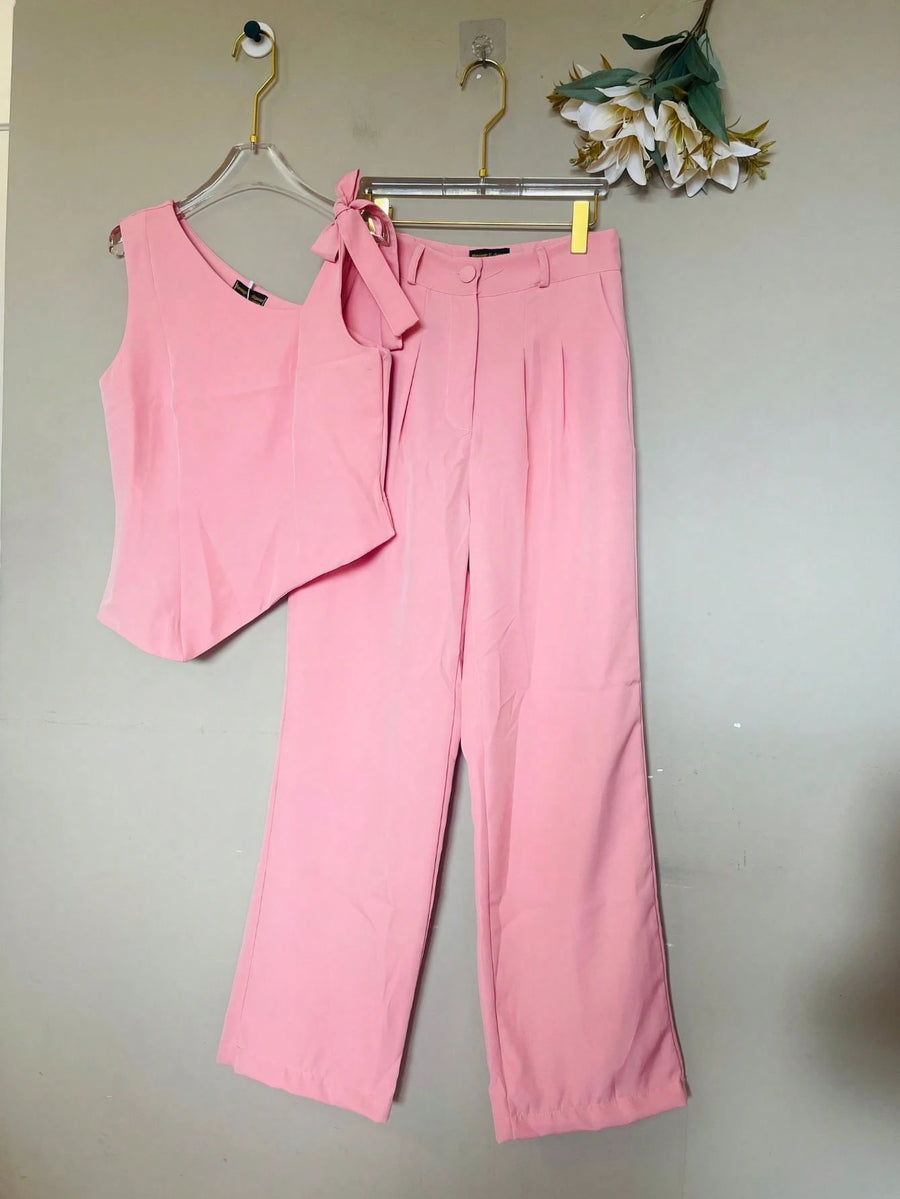 KALINA FASHION Conjunto Feminino Alfaiataria Blusa de ombro com laço e calça reta solta