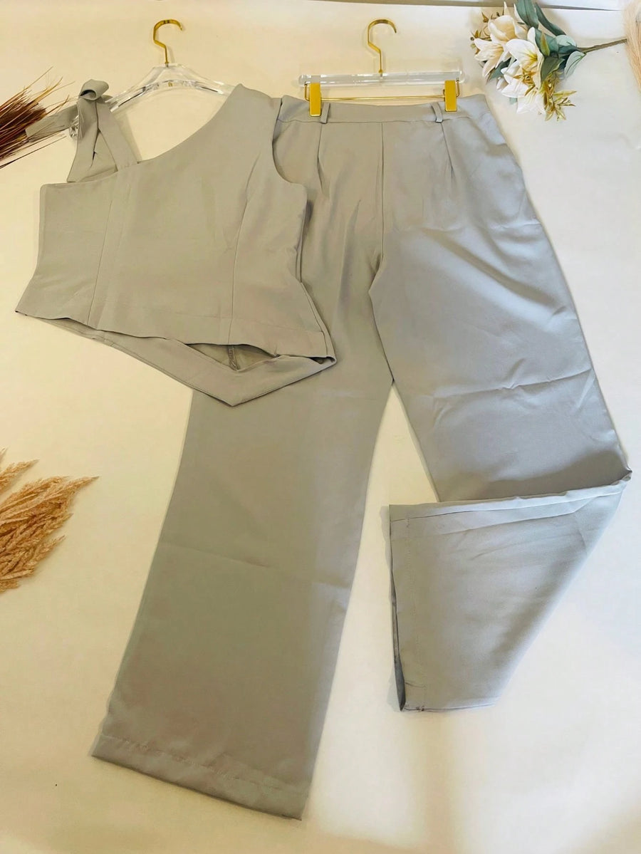 KALINA FASHION Conjunto Feminino Alfaiataria Blusa de ombro com laço e calça reta solta