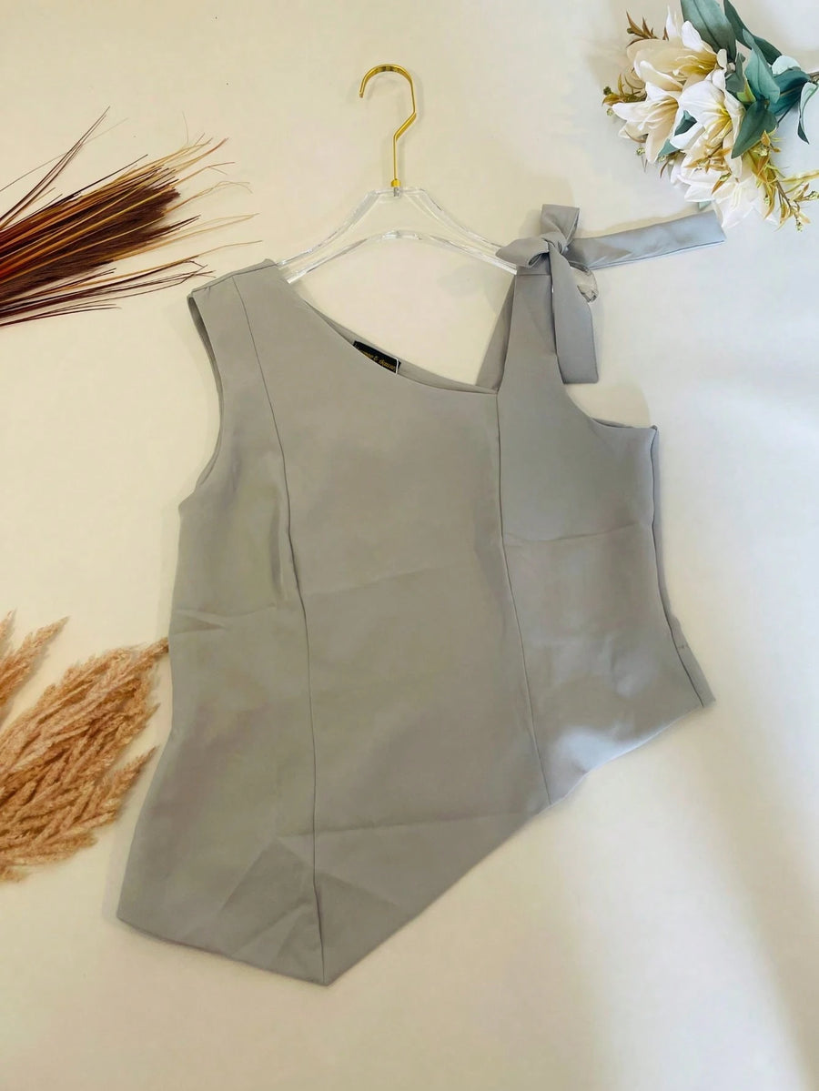 KALINA FASHION Conjunto Feminino Alfaiataria Blusa de ombro com laço e calça reta solta