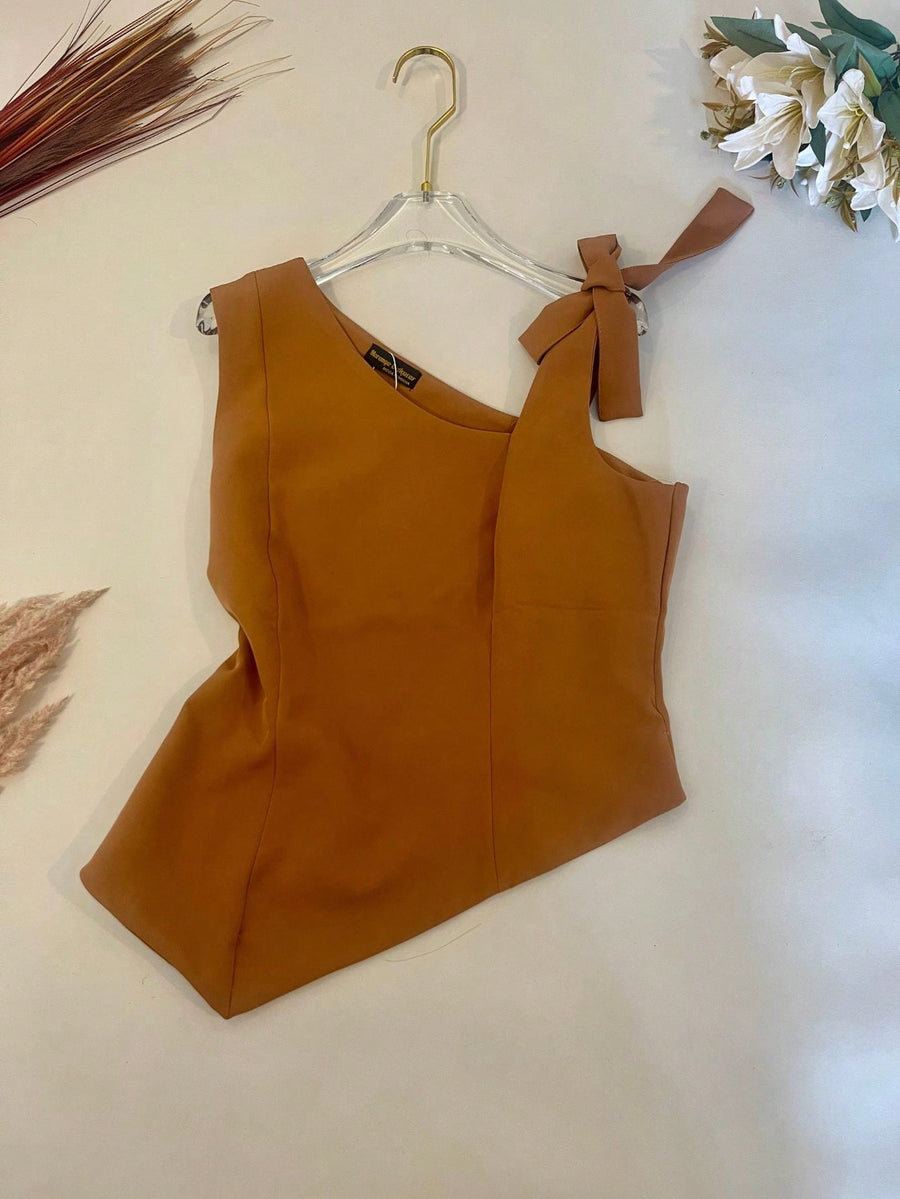 KALINA FASHION Conjunto Feminino Alfaiataria Blusa de ombro com laço e calça reta solta