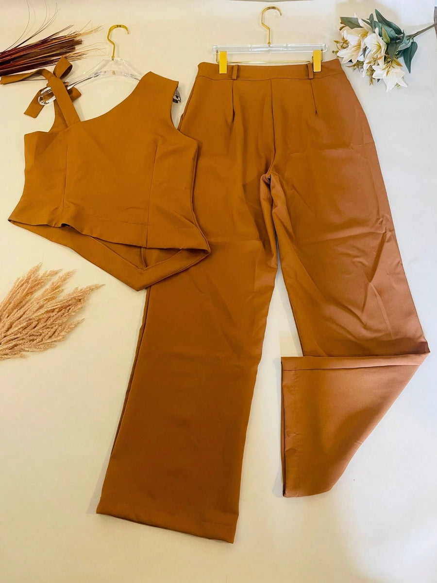 KALINA FASHION Conjunto Feminino Alfaiataria Blusa de ombro com laço e calça reta solta