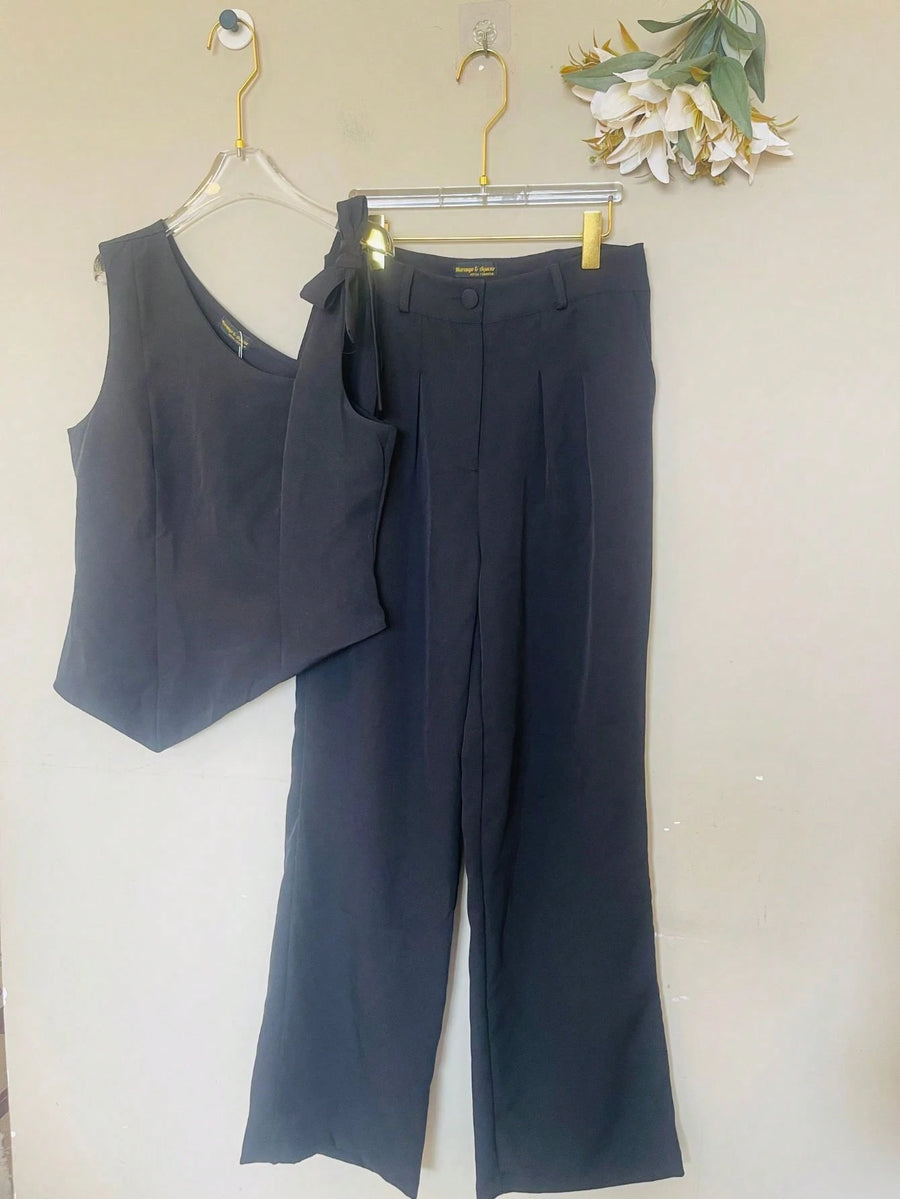 KALINA FASHION Conjunto Feminino Alfaiataria Blusa de ombro com laço e calça reta solta