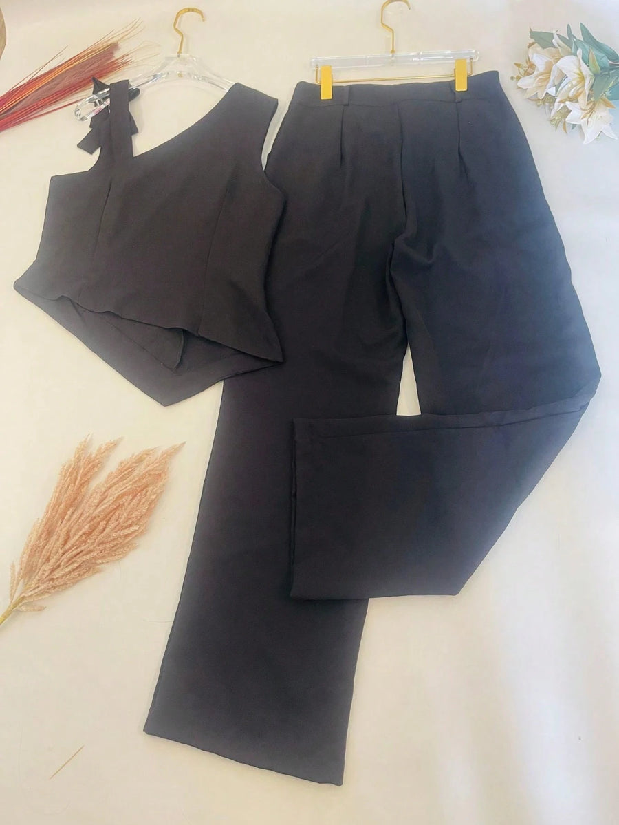 KALINA FASHION Conjunto Feminino Alfaiataria Blusa de ombro com laço e calça reta solta