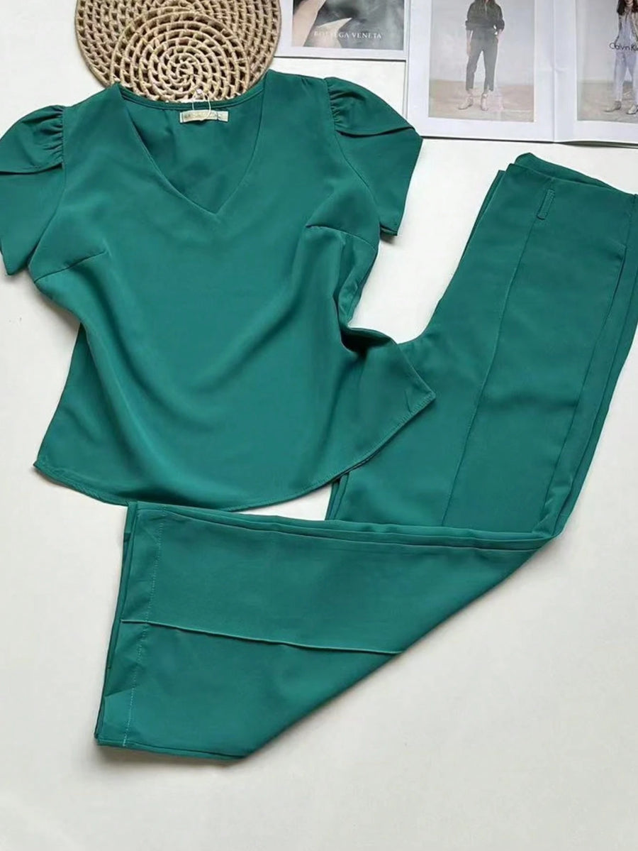 Conjunto Alfaiataria Feminino Blusa Manga curta com Calça Reta Largas