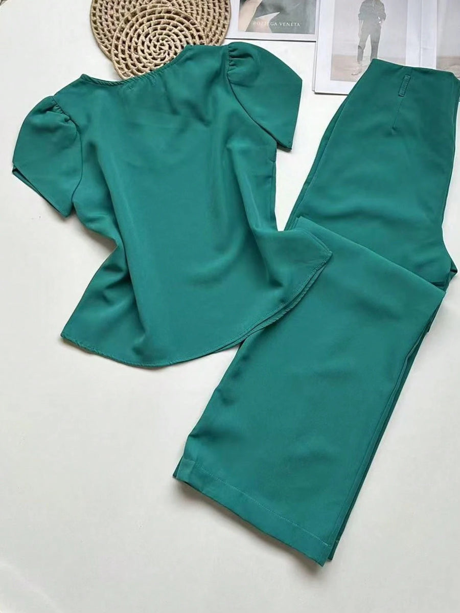 Conjunto Alfaiataria Feminino Blusa Manga curta com Calça Reta Largas