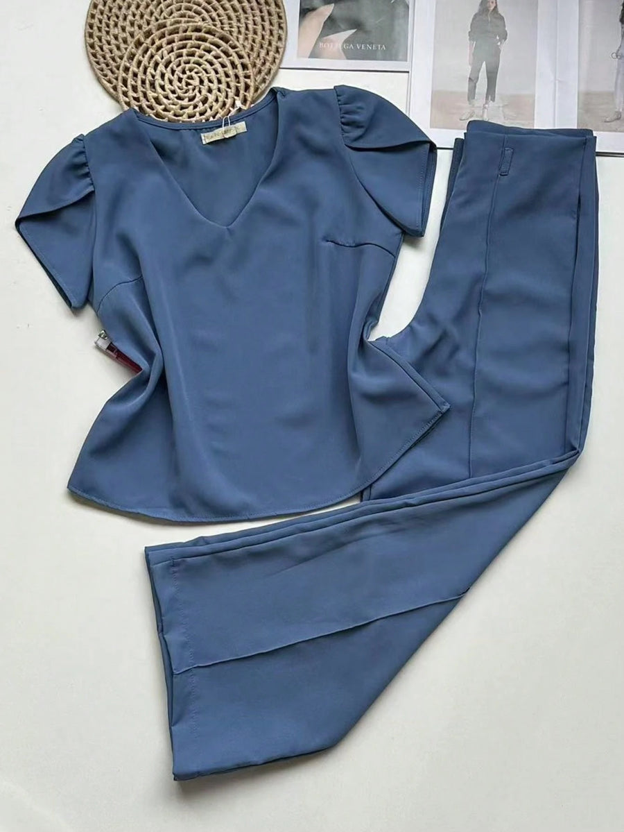 Conjunto Alfaiataria Feminino Blusa Manga curta com Calça Reta Largas