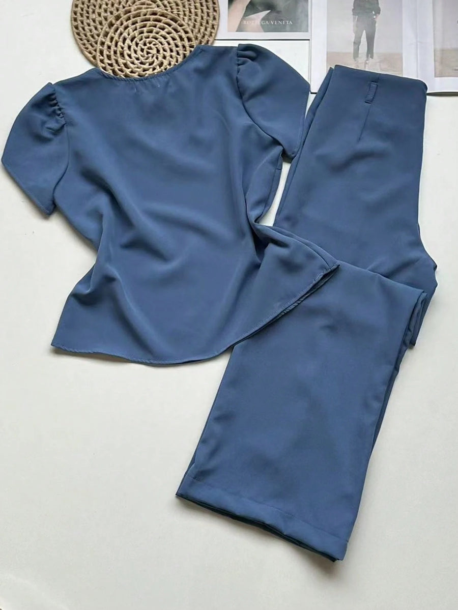 Conjunto Alfaiataria Feminino Blusa Manga curta com Calça Reta Largas
