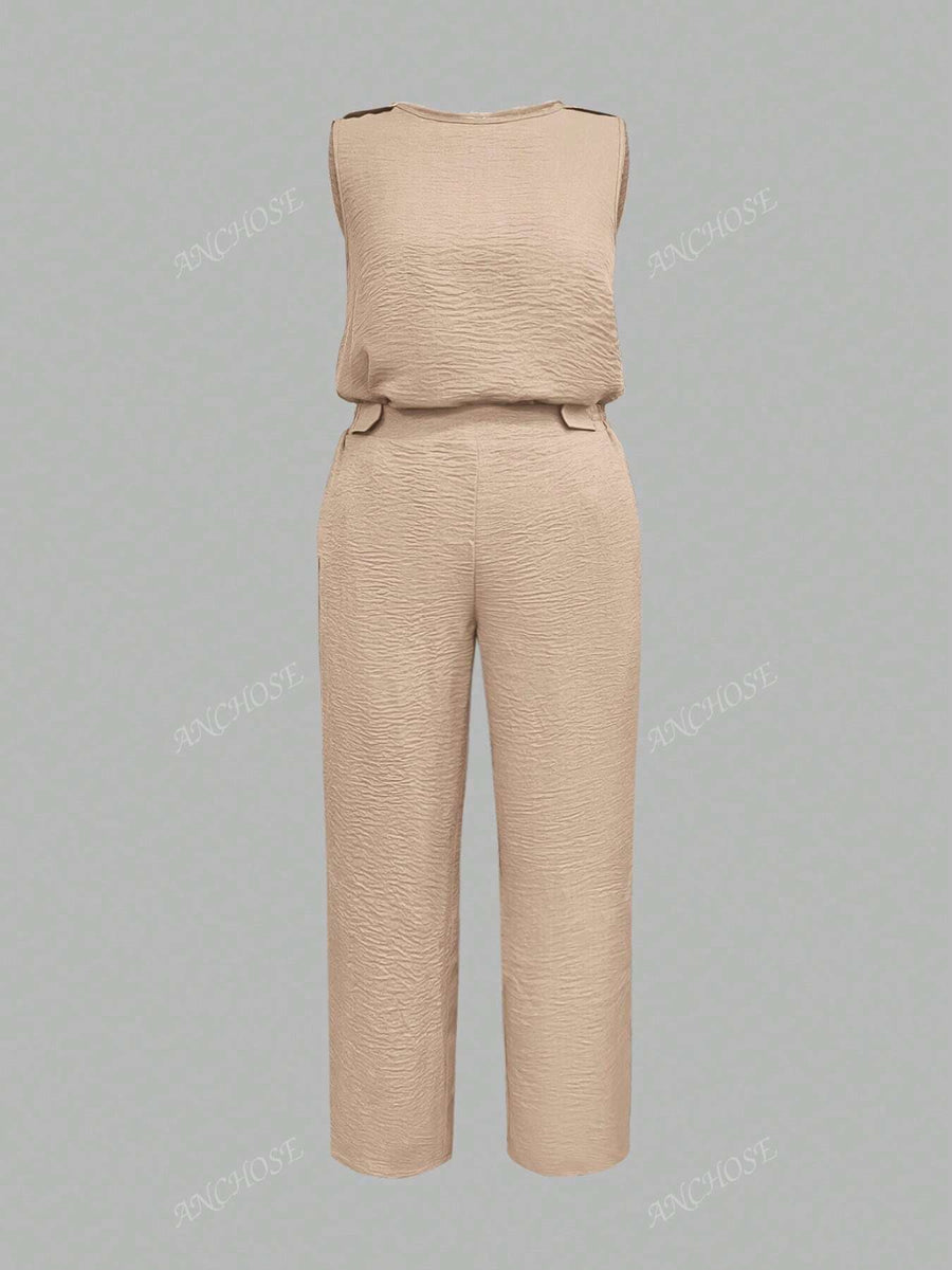 Conjunto de 2 Peças, Colete Sem Manga e Calça Casual com Bolso Inclinado e Detalhe de Botão, Conjunto Elegante para Ir e Vir no Outono/Verão, Plus Size