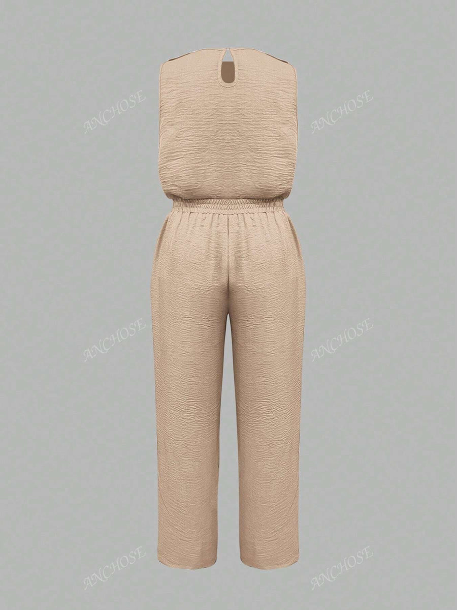 Conjunto de 2 Peças, Colete Sem Manga e Calça Casual com Bolso Inclinado e Detalhe de Botão, Conjunto Elegante para Ir e Vir no Outono/Verão, Plus Size