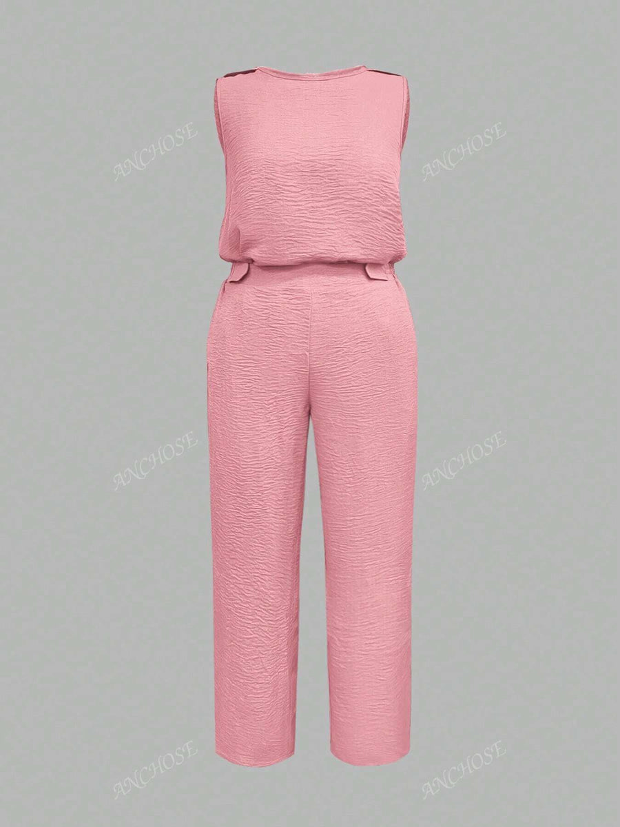 Conjunto de 2 Peças, Colete Sem Manga e Calça Casual com Bolso Inclinado e Detalhe de Botão, Conjunto Elegante para Ir e Vir no Outono/Verão, Plus Size