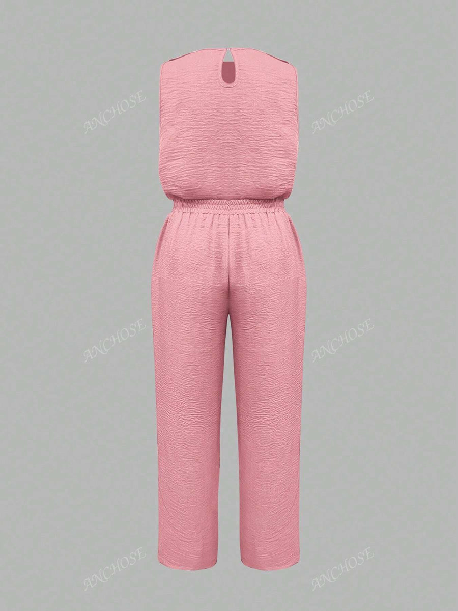 Conjunto de 2 Peças, Colete Sem Manga e Calça Casual com Bolso Inclinado e Detalhe de Botão, Conjunto Elegante para Ir e Vir no Outono/Verão, Plus Size