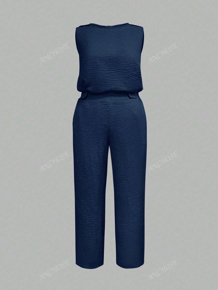 Conjunto de 2 Peças, Colete Sem Manga e Calça Casual com Bolso Inclinado e Detalhe de Botão, Conjunto Elegante para Ir e Vir no Outono/Verão, Plus Size