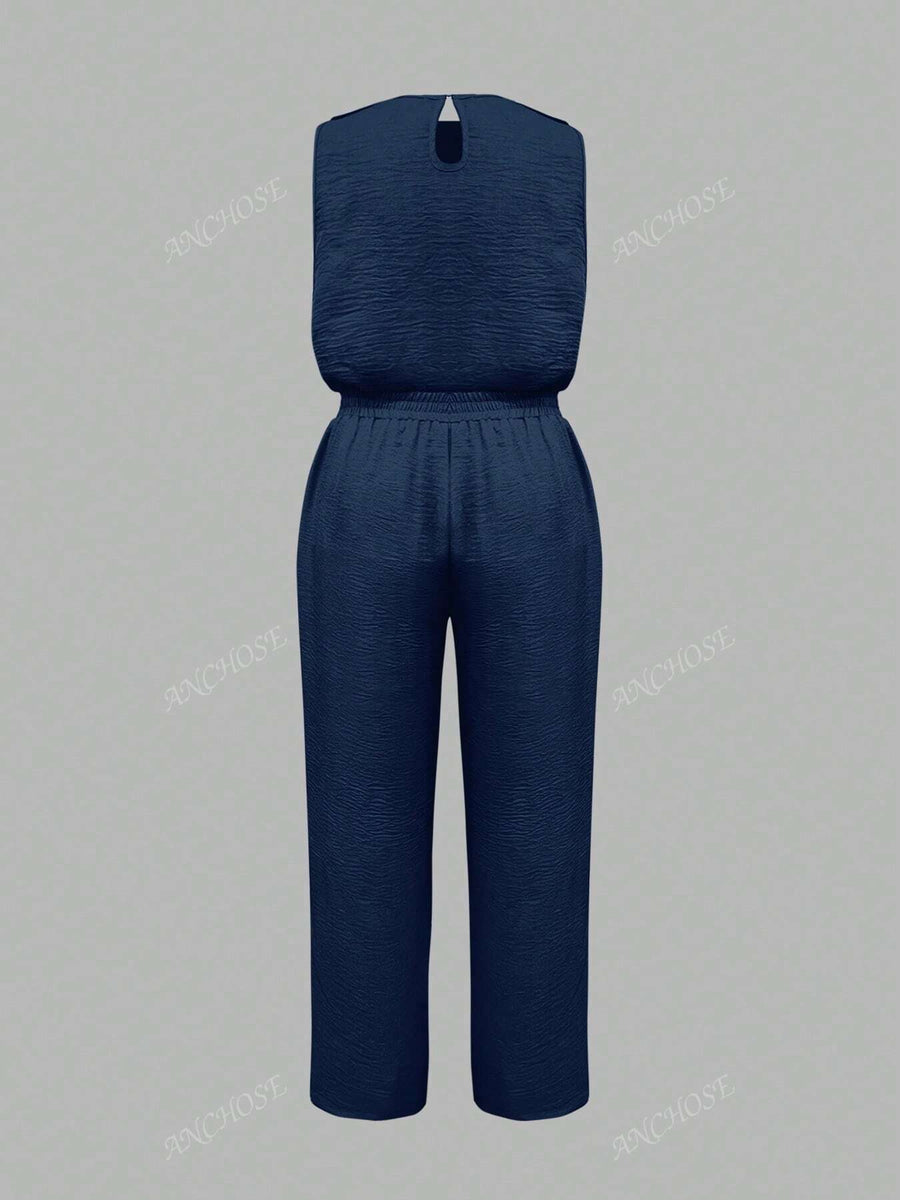 Conjunto de 2 Peças, Colete Sem Manga e Calça Casual com Bolso Inclinado e Detalhe de Botão, Conjunto Elegante para Ir e Vir no Outono/Verão, Plus Size