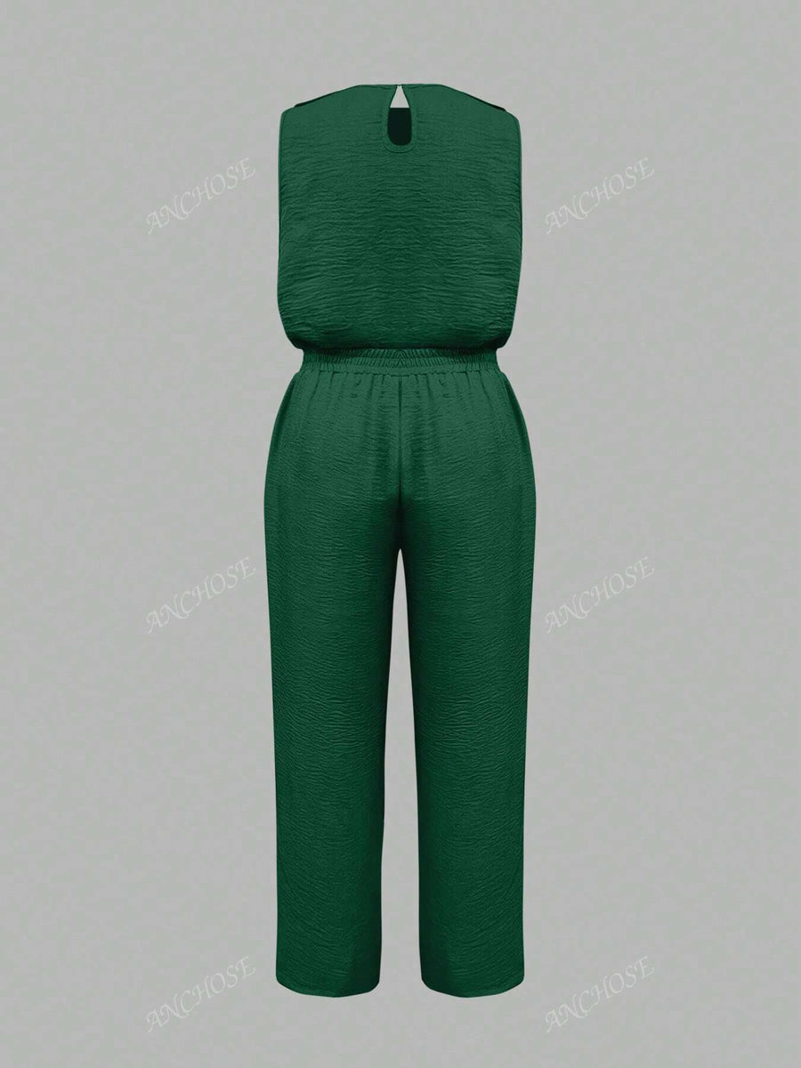 Conjunto de 2 Peças, Colete Sem Manga e Calça Casual com Bolso Inclinado e Detalhe de Botão, Conjunto Elegante para Ir e Vir no Outono/Verão, Plus Size