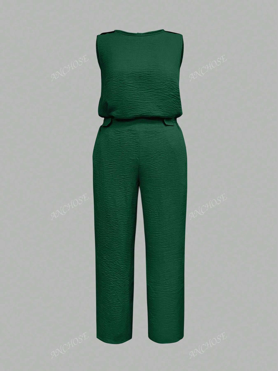 Conjunto de 2 Peças, Colete Sem Manga e Calça Casual com Bolso Inclinado e Detalhe de Botão, Conjunto Elegante para Ir e Vir no Outono/Verão, Plus Size
