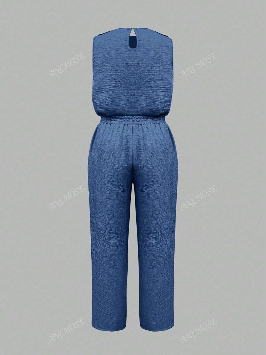 Conjunto de 2 Peças, Colete Sem Manga e Calça Casual com Bolso Inclinado e Detalhe de Botão, Conjunto Elegante para Ir e Vir no Outono/Verão, Plus Size